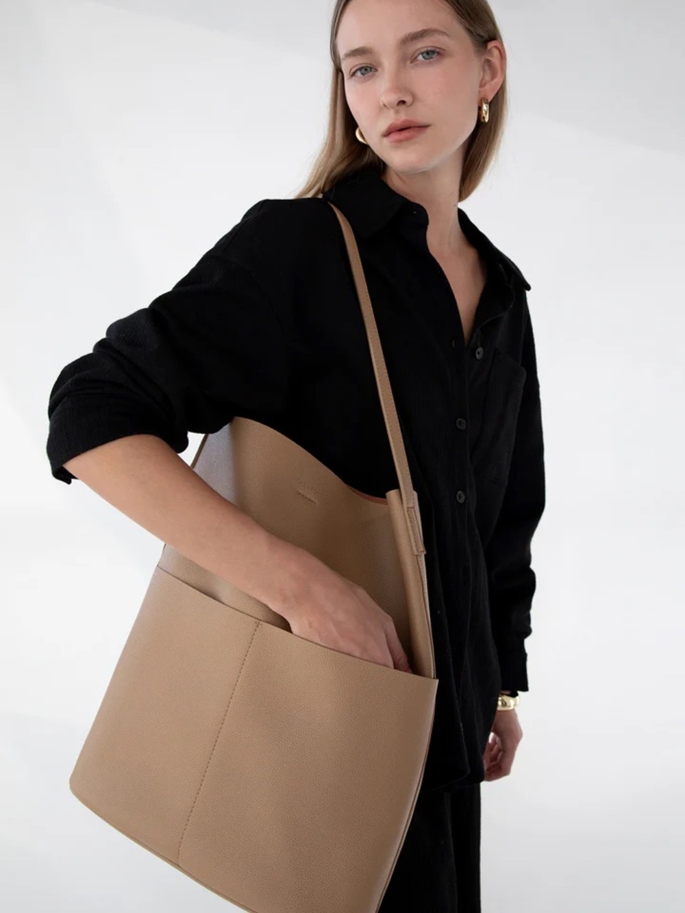 OAK + FORT Neutral Tan Pebbled Leather Tote